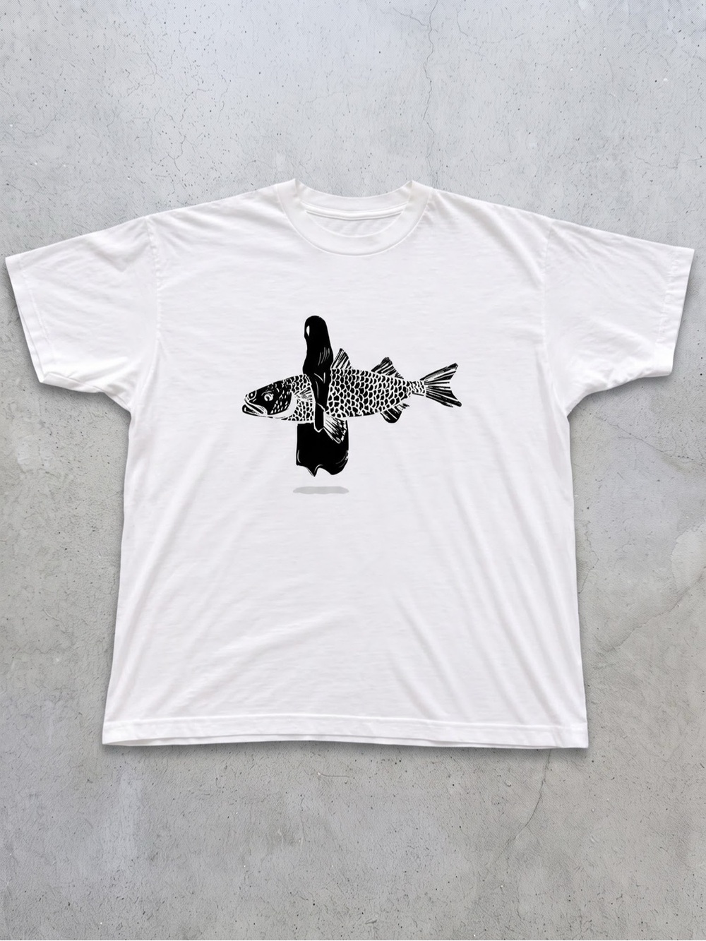 Gildan White Tee with Black Ghost And Fish
Graphic